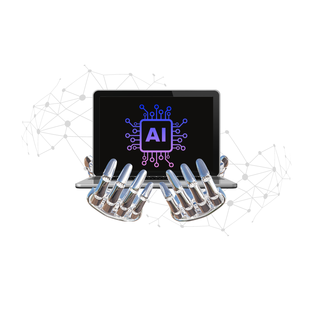 Laptop with AI icon and robotic hands