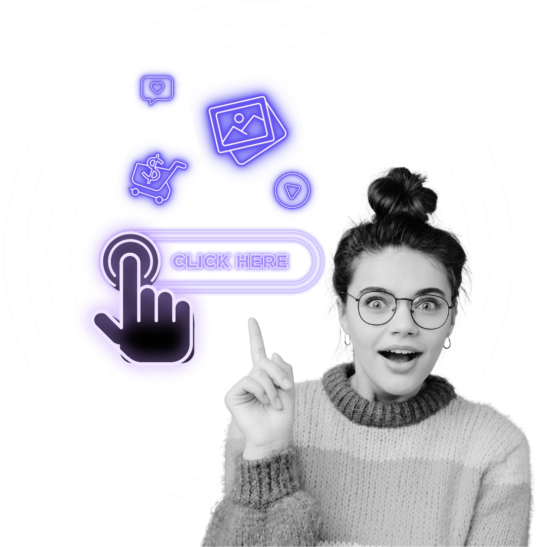 CTA with neon click button and person pointing