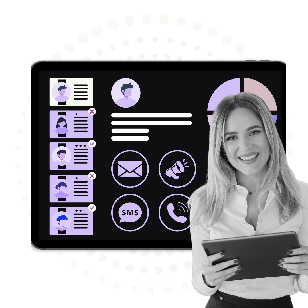 Marketing optimization dashboard with woman smiling
