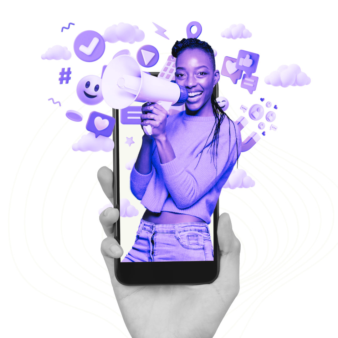 Phone with social icons and a person with a megaphone