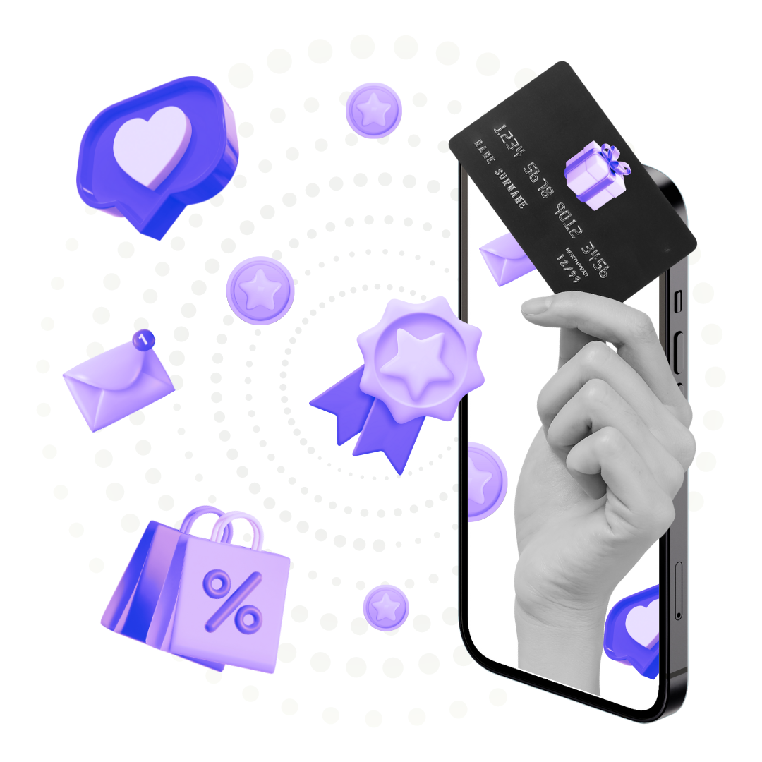 Phone with loyalty icons, rewards and credit card